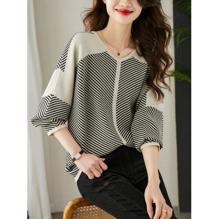 FA48534# 条纹女春秋季新款时尚宽松遮肚洋气漂亮小衫长袖打底衫上衣 服裝批發女裝批發服飾貨源