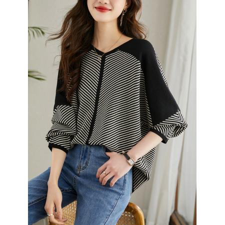 FA48534# 条纹女春秋季新款时尚宽松遮肚洋气漂亮小衫长袖打底衫上衣 服裝批發女裝批發服飾貨源