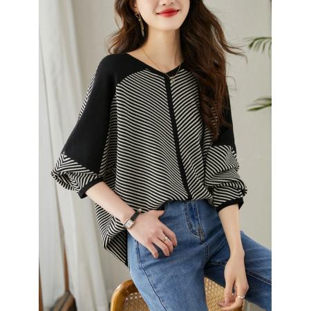 FA48534# 条纹女春秋季新款时尚宽松遮肚洋气漂亮小衫长袖打底衫上衣 服裝批發女裝批發服飾貨源
