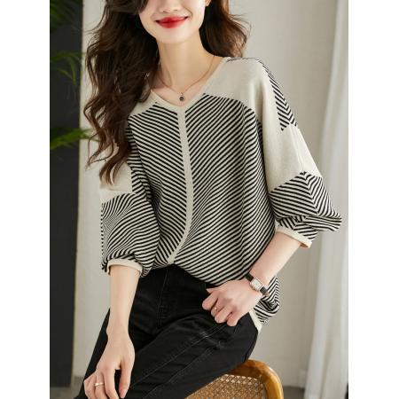 FA48534# 条纹女春秋季新款时尚宽松遮肚洋气漂亮小衫长袖打底衫上衣 服裝批發女裝批發服飾貨源