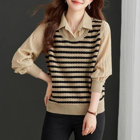 FA48535# 假两件上衣女春秋时尚洋气薄款早秋单穿打底针织衫新款初秋季 服裝批發女裝批發服飾貨源