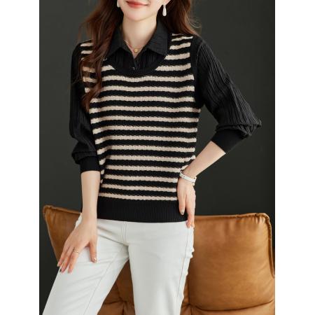 FA48535# 假两件上衣女春秋时尚洋气薄款早秋单穿打底针织衫新款初秋季 服裝批發女裝批發服飾貨源