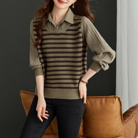 FA48535# 假两件上衣女春秋时尚洋气薄款早秋单穿打底针织衫新款初秋季 服裝批發女裝批發服飾貨源