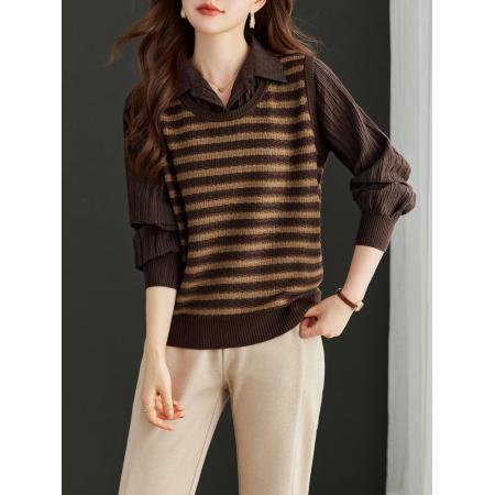 FA48535# 假两件上衣女春秋时尚洋气薄款早秋单穿打底针织衫新款初秋季 服裝批發女裝批發服飾貨源