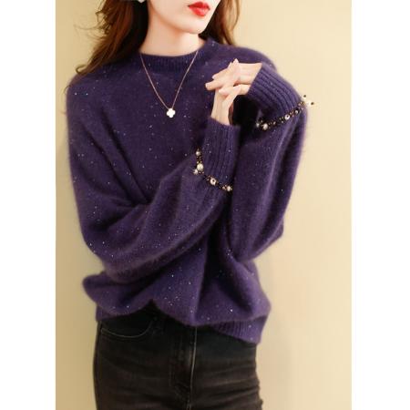 FA48536# 重工亮片钉珠浣熊绒宽松针织衫羊毛衣女秋冬 服裝批發女裝批發服飾貨源
