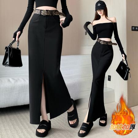 FA48537# 加绒黑色西装半身裙女秋冬设计感高腰a字裙时尚百搭开叉直筒长裙 服裝批發女裝批發服飾貨源