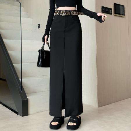 FA48537# 加绒黑色西装半身裙女秋冬设计感高腰a字裙时尚百搭开叉直筒长裙 服裝批發女裝批發服飾貨源