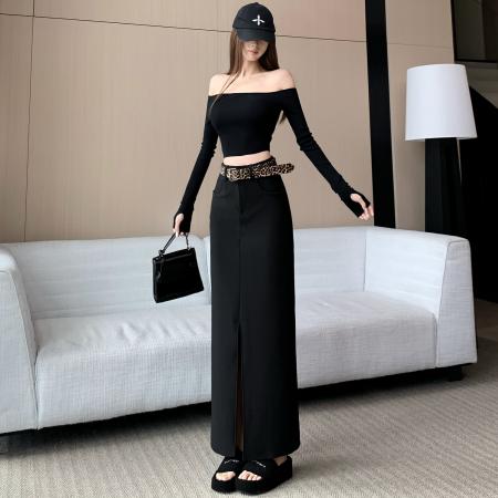 FA48537# 加绒黑色西装半身裙女秋冬设计感高腰a字裙时尚百搭开叉直筒长裙 服裝批發女裝批發服飾貨源