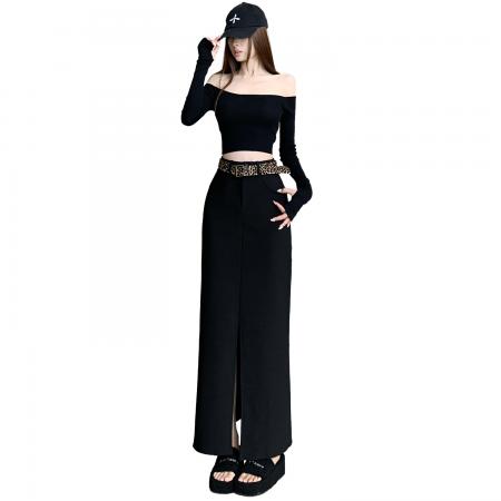 FA48537# 加绒黑色西装半身裙女秋冬设计感高腰a字裙时尚百搭开叉直筒长裙 服裝批發女裝批發服飾貨源