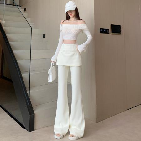 FA48538# 冬季新款设计师款米白色小众百搭显瘦屁帘加厚羊绒微喇裤女 服裝批發女裝批發服飾貨源