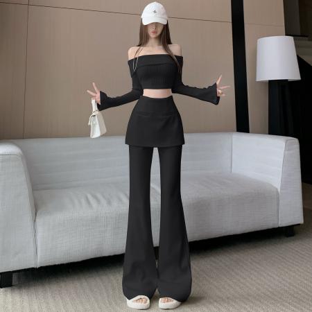 FA48538# 冬季新款设计师款米白色小众百搭显瘦屁帘加厚羊绒微喇裤女 服裝批發女裝批發服飾貨源