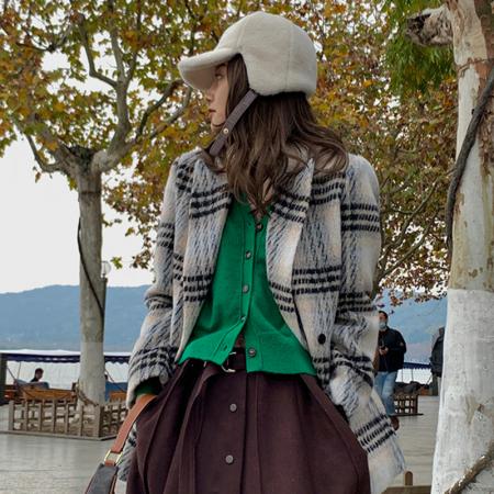 FA48539# 大码毛呢西装外套女秋冬新款爆款高级感格子独特小香风棉服女 服裝批發女裝批發服飾貨源