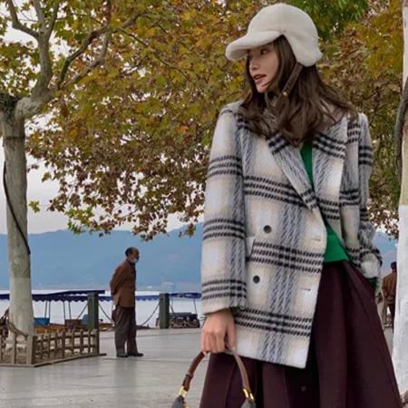 FA48539# 大码毛呢西装外套女秋冬新款爆款高级感格子独特小香风棉服女 服裝批發女裝批發服飾貨源