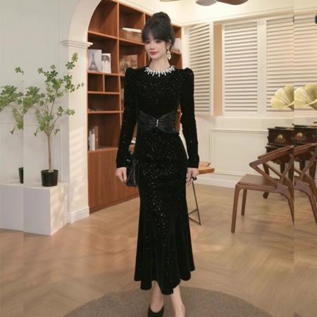 FA48540# 法式轻熟风富家千金高级感礼服连衣裙收腰气质女神范亮片鱼尾长裙 服裝批發女裝批發服飾貨源