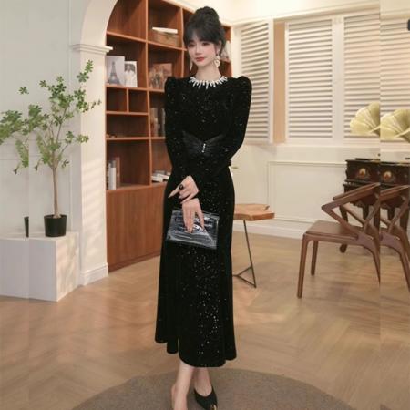 FA48540# 法式轻熟风富家千金高级感礼服连衣裙收腰气质女神范亮片鱼尾长裙 服裝批發女裝批發服飾貨源