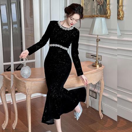 FA48541# 欧洲站宴会高级感黑色亮片连衣裙修身显瘦名媛风气质女神鱼尾长裙 服裝批發女裝批發服飾貨源