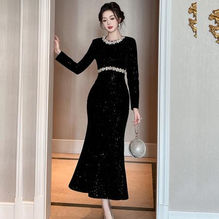 FA48541# 欧洲站宴会高级感黑色亮片连衣裙修身显瘦名媛风气质女神鱼尾长裙 服裝批發女裝批發服飾貨源