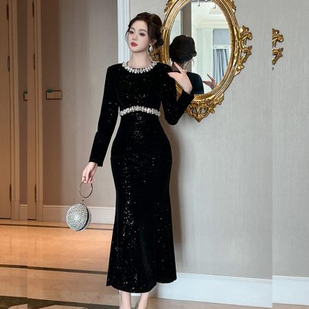 FA48541# 欧洲站宴会高级感黑色亮片连衣裙修身显瘦名媛风气质女神鱼尾长裙 服裝批發女裝批發服飾貨源