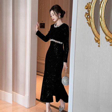 FA48541# 欧洲站宴会高级感黑色亮片连衣裙修身显瘦名媛风气质女神鱼尾长裙 服裝批發女裝批發服飾貨源