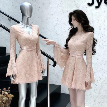 FA48542# 法式名媛风重工钉珠V领蕾丝连衣裙女长袖收腰显瘦气质绝美小裙子 服裝批發女裝批發服飾貨源