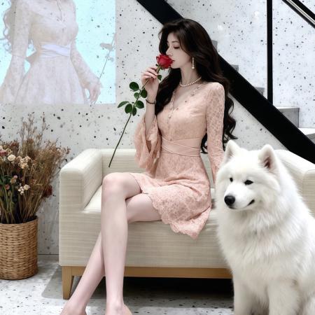 FA48542# 法式名媛风重工钉珠V领蕾丝连衣裙女长袖收腰显瘦气质绝美小裙子 服裝批發女裝批發服飾貨源