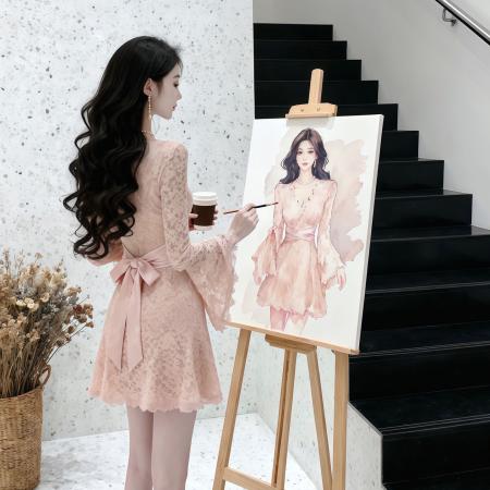 FA48542# 法式名媛风重工钉珠V领蕾丝连衣裙女长袖收腰显瘦气质绝美小裙子 服裝批發女裝批發服飾貨源