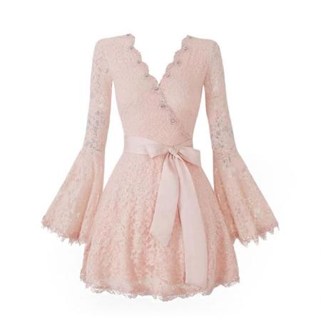 FA48542# 法式名媛风重工钉珠V领蕾丝连衣裙女长袖收腰显瘦气质绝美小裙子 服裝批發女裝批發服飾貨源