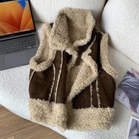 FA48543# 皮毛一体短款马甲冬季加厚背心外穿女小个子马夹外套仿羊羔毛 服裝批發女裝批發服飾貨源