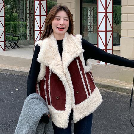 FA48543# 皮毛一体短款马甲冬季加厚背心外穿女小个子马夹外套仿羊羔毛 服裝批發女裝批發服飾貨源