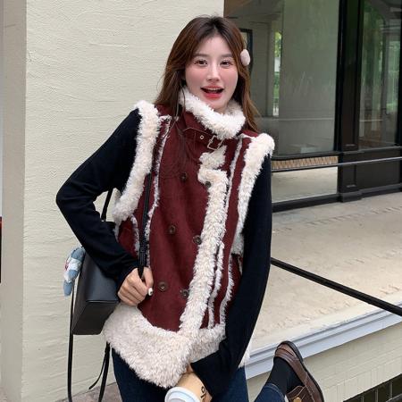 FA48543# 皮毛一体短款马甲冬季加厚背心外穿女小个子马夹外套仿羊羔毛 服裝批發女裝批發服飾貨源