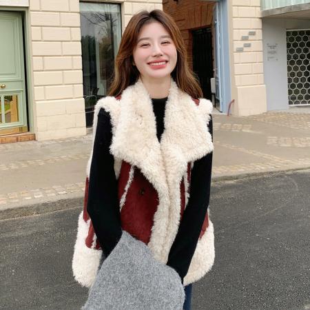 FA48543# 皮毛一体短款马甲冬季加厚背心外穿女小个子马夹外套仿羊羔毛 服裝批發女裝批發服飾貨源