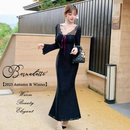 FA48544# 纯欲甜美性感蕾丝V领长袖连衣裙蝴蝶结高腰气质修身显瘦包臀长裙 服裝批發女裝批發服飾貨源