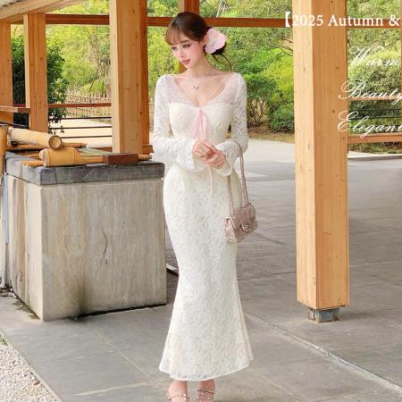 FA48544# 纯欲甜美性感蕾丝V领长袖连衣裙蝴蝶结高腰气质修身显瘦包臀长裙 服裝批發女裝批發服飾貨源