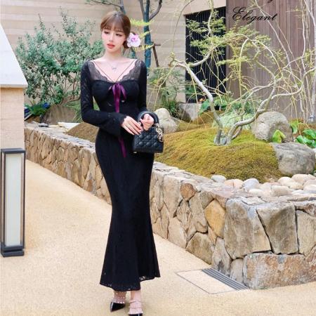 FA48544# 纯欲甜美性感蕾丝V领长袖连衣裙蝴蝶结高腰气质修身显瘦包臀长裙 服裝批發女裝批發服飾貨源