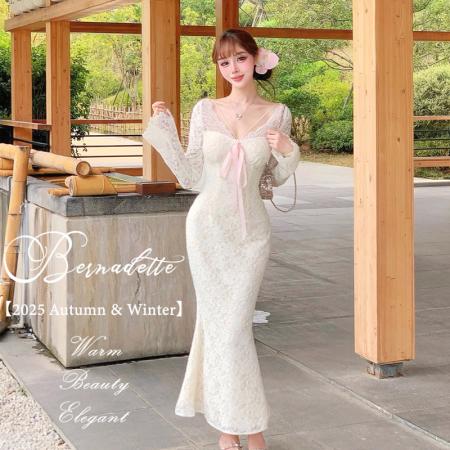 FA48544# 纯欲甜美性感蕾丝V领长袖连衣裙蝴蝶结高腰气质修身显瘦包臀长裙 服裝批發女裝批發服飾貨源