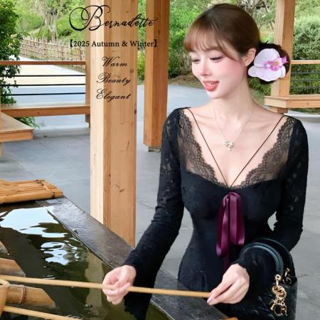 FA48544# 纯欲甜美性感蕾丝V领长袖连衣裙蝴蝶结高腰气质修身显瘦包臀长裙 服裝批發女裝批發服飾貨源