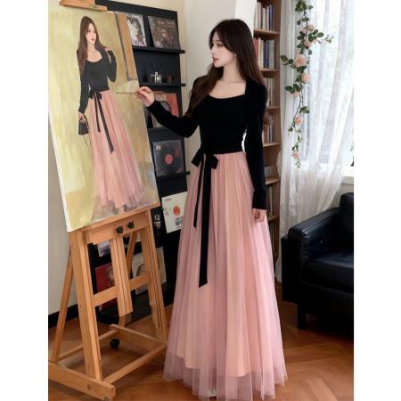 FA48545# 法式秋冬新款优雅气质系带收腰显瘦针织拼接玻璃纱加绒连衣裙 服裝批發女裝批發服飾貨源