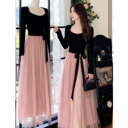 FA48545# 法式秋冬新款优雅气质系带收腰显瘦针织拼接玻璃纱加绒连衣裙 服裝批發女裝批發服飾貨源