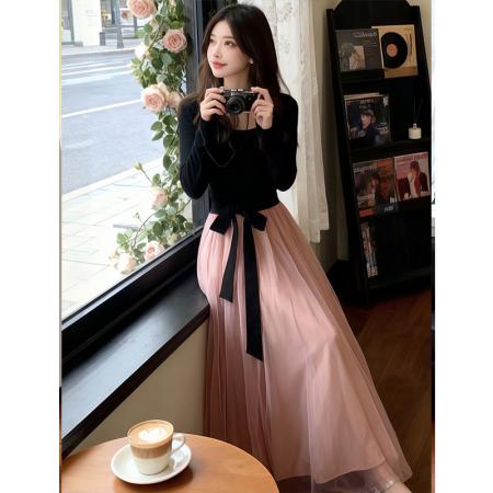 FA48545# 法式秋冬新款优雅气质系带收腰显瘦针织拼接玻璃纱加绒连衣裙 服裝批發女裝批發服飾貨源