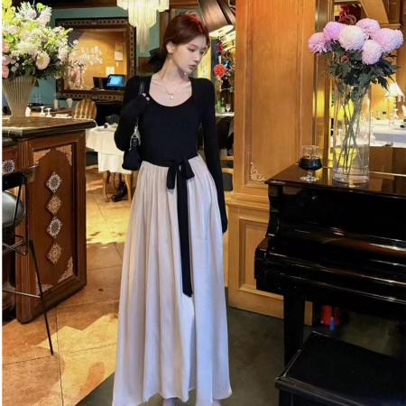 FA48545# 法式秋冬新款优雅气质系带收腰显瘦针织拼接玻璃纱加绒连衣裙 服裝批發女裝批發服飾貨源