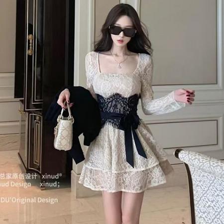 FA48546# 法式纯欲蕾丝长袖连衣裙女秋季气质名媛绑带收腰显绝美瘦A字短裙 服裝批發女裝批發服飾貨源