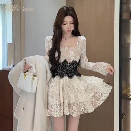 FA48546# 法式纯欲蕾丝长袖连衣裙女秋季气质名媛绑带收腰显绝美瘦A字短裙 服裝批發女裝批發服飾貨源