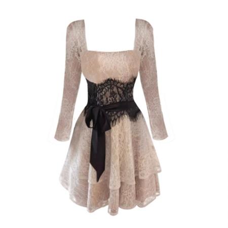 FA48546# 法式纯欲蕾丝长袖连衣裙女秋季气质名媛绑带收腰显绝美瘦A字短裙 服裝批發女裝批發服飾貨源