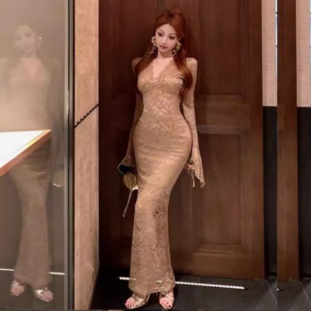 FA48547# 法式复古纯欲V领蕾丝喇叭袖包臀长裙设计感气质修身鱼尾连衣裙潮 服裝批發女裝批發服飾貨源