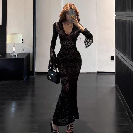 FA48547# 法式复古纯欲V领蕾丝喇叭袖包臀长裙设计感气质修身鱼尾连衣裙潮 服裝批發女裝批發服飾貨源