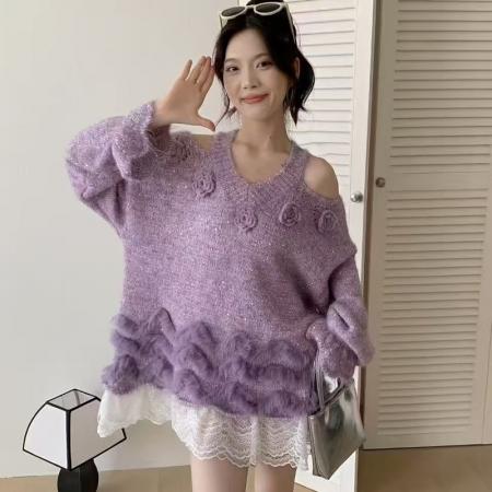 FA48548# 秋冬新款时尚套头装车条狐狸毛皮草毛衣针织衫百搭女装短外套 服裝批發女裝批發服飾貨源