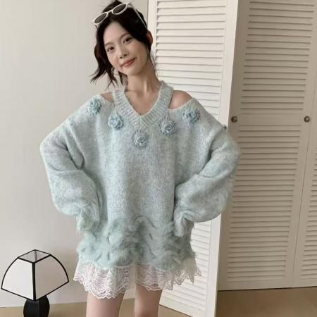 FA48548# 秋冬新款时尚套头装车条狐狸毛皮草毛衣针织衫百搭女装短外套 服裝批發女裝批發服飾貨源