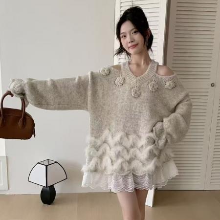 FA48548# 秋冬新款时尚套头装车条狐狸毛皮草毛衣针织衫百搭女装短外套 服裝批發女裝批發服飾貨源