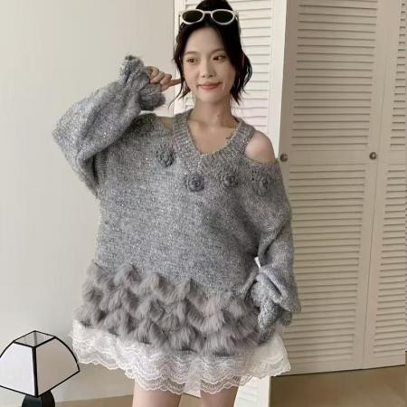 FA48548# 秋冬新款时尚套头装车条狐狸毛皮草毛衣针织衫百搭女装短外套 服裝批發女裝批發服飾貨源