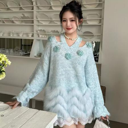 FA48548# 秋冬新款时尚套头装车条狐狸毛皮草毛衣针织衫百搭女装短外套 服裝批發女裝批發服飾貨源